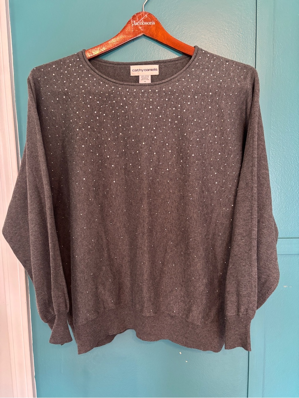 Cathy Daniels Charcoal Gray Silver Embellished Bell  Sleeve Sweater Size 1X